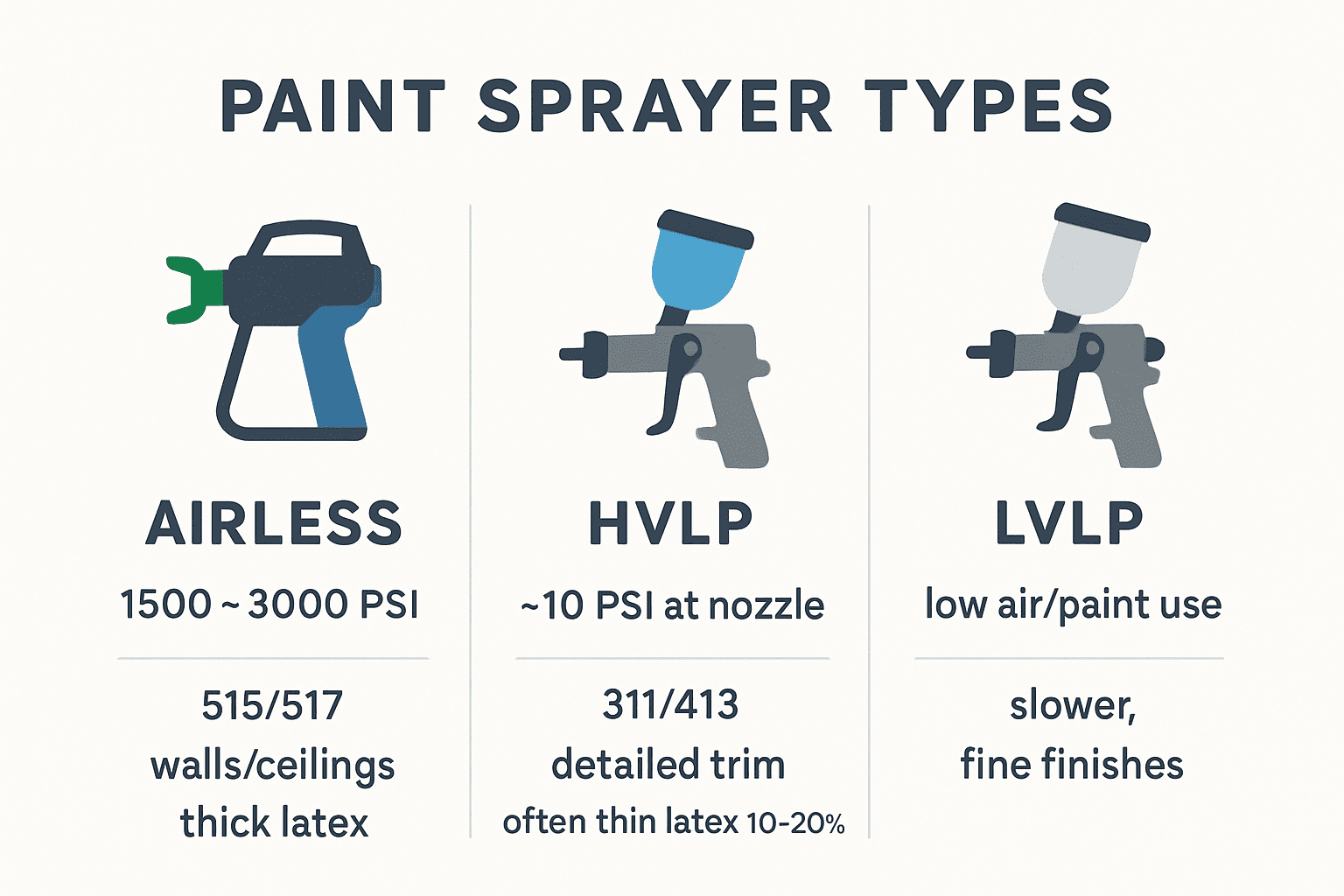 Havasız, HVLP ve LVLP boya püskürtme makinelerinin basınç aralıkları ve en iyi kullanım örnekleriyle karşılaştırma tablosu