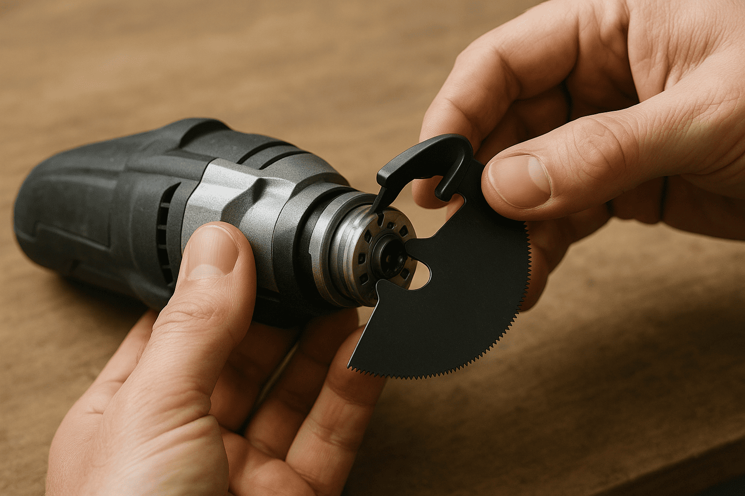 Salınımlı bir çok amaçlı alet üzerindeki bıçağı hizalayan ve kilitleyen ellerin yakın çekimi