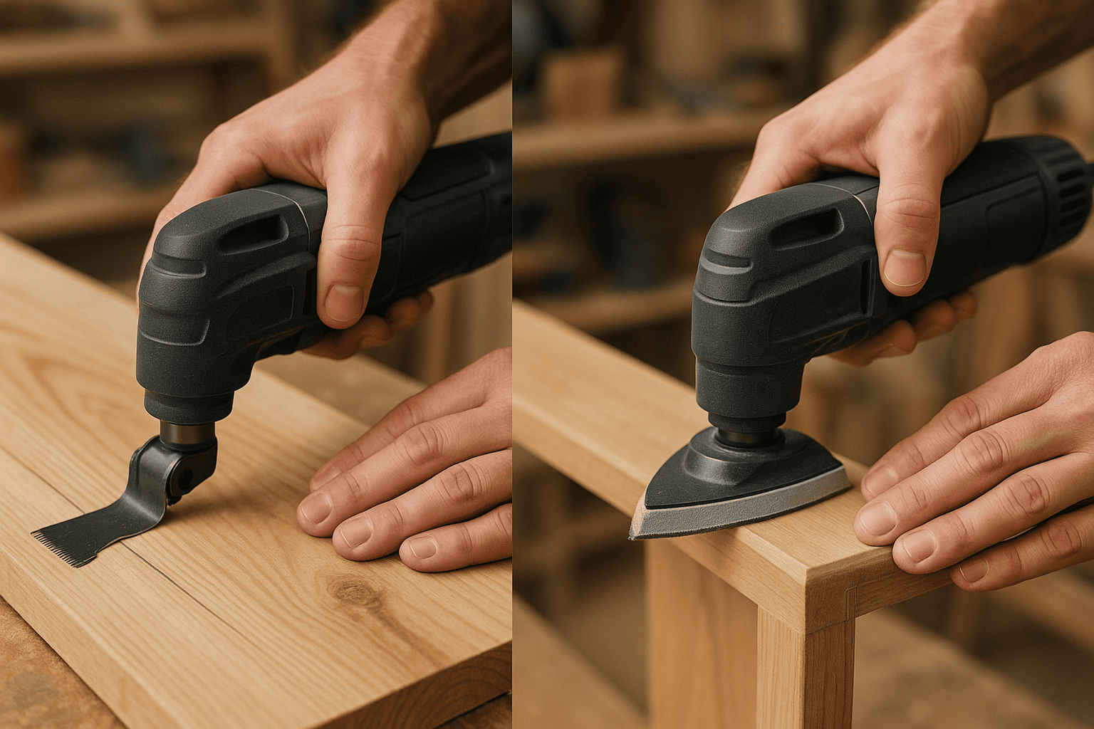 Yan yana: salınımlı aletle düz ahşap kesimi ve üçgen pedle ince kenar zımparalama