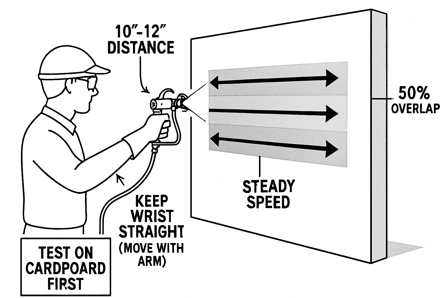 10-12 inç mesafe, 50% örtüşme, sabit hızda paralel geçişler gösteren uygun duvar püskürtme tekniği