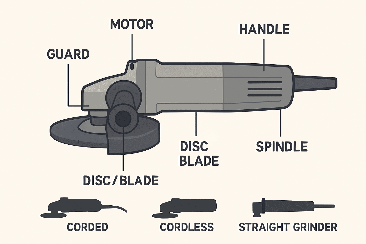 Labeled diagram of angle grinder components: motor, handle, guard, disc/blade, spindle