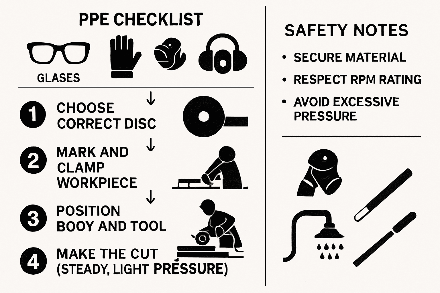 Step-by-step flow for cutting steel with an angle grinder plus key safety tips and PPE