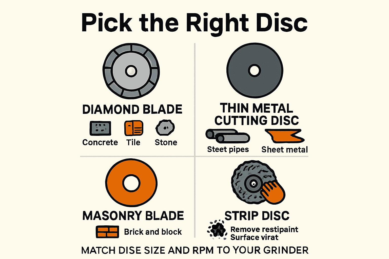 Quick guide matching discs to materials: diamond for concrete/tile, thin metal cutting disc for steel, masonry blade for brick/stone, strip disc for rust/paint