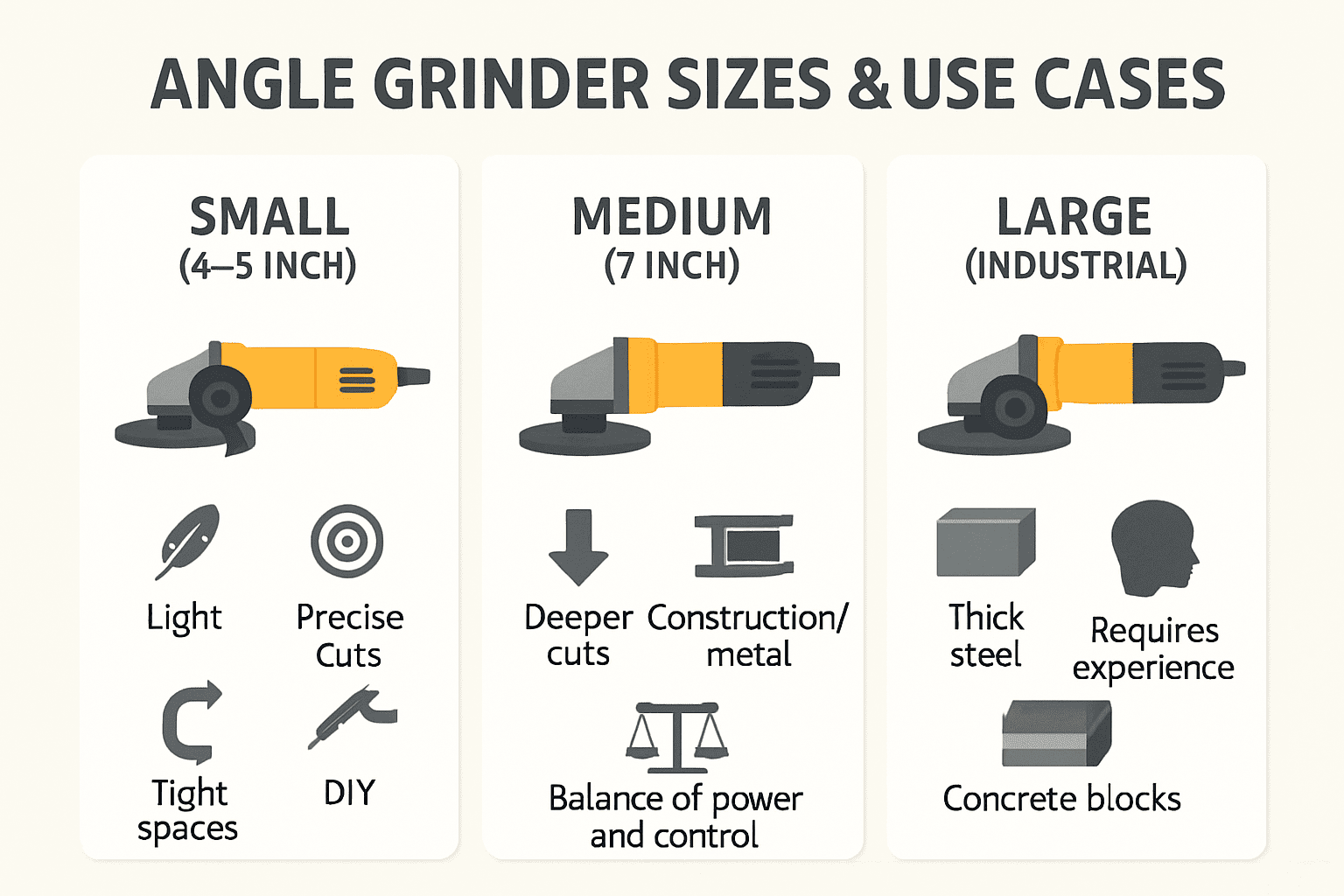 Infographic comparing 4–5 inch, 7 inch, and large angle grinders with typical use cases and handling difficulty