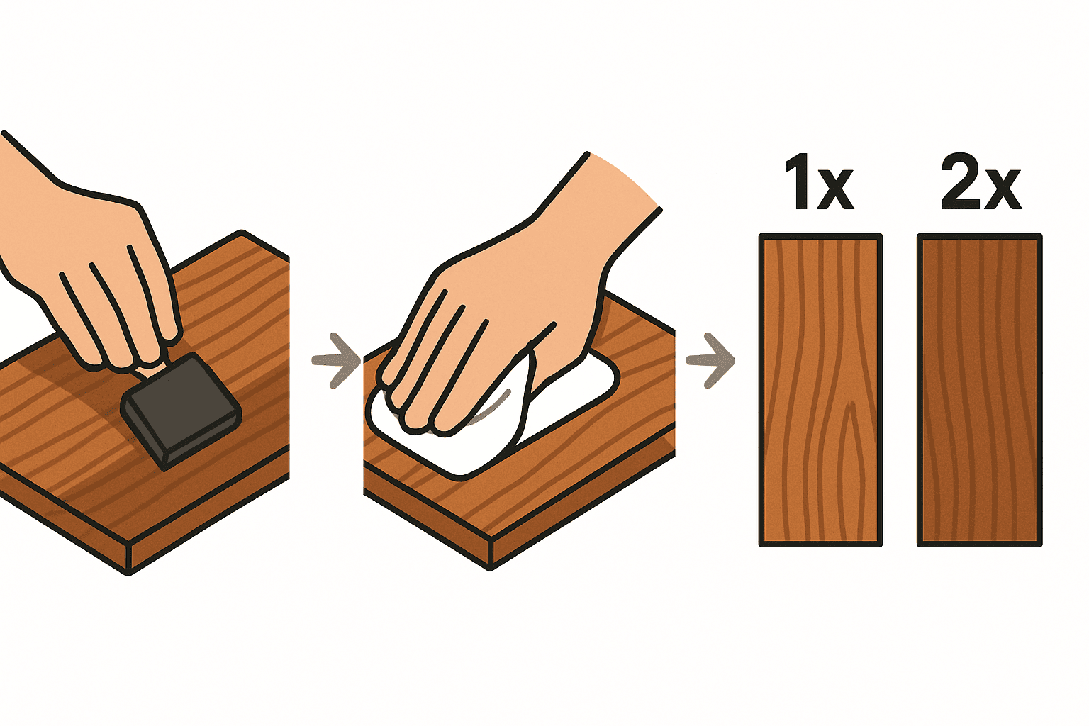 Ahşap boyasının damar yönünde silinmesi, ince katlar uygulanması ve eşit bir yüzey elde etmek için fazlalığın silinmesiyle ilgili çizim