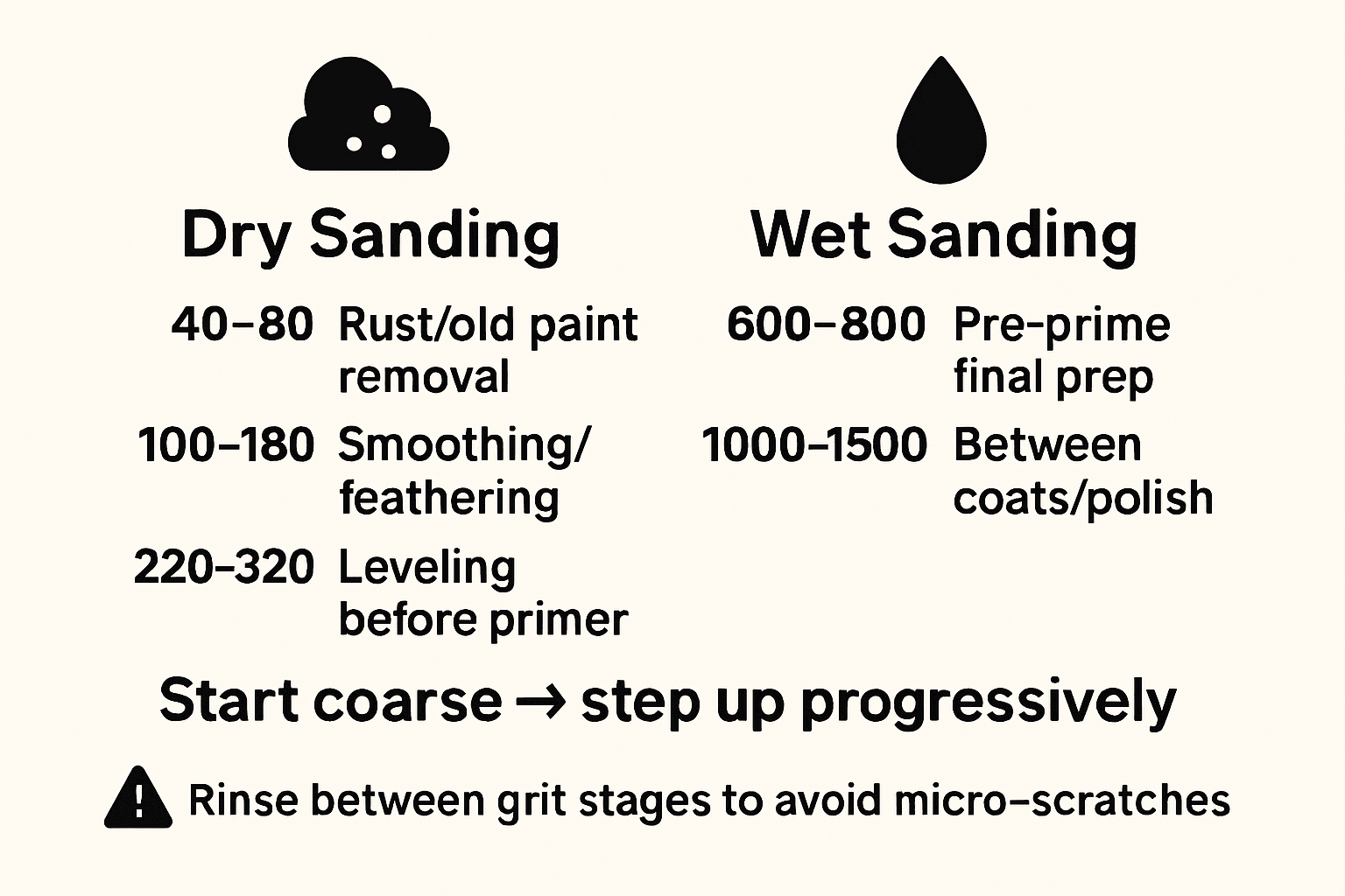 Infographic comparing dry vs wet sanding and recommended grit ranges for each stage of auto paint prep