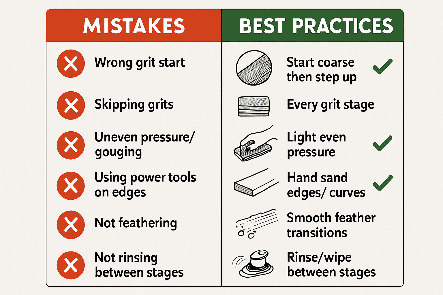 Side-by-side comparison of common sanding mistakes versus best practices for auto paint prep