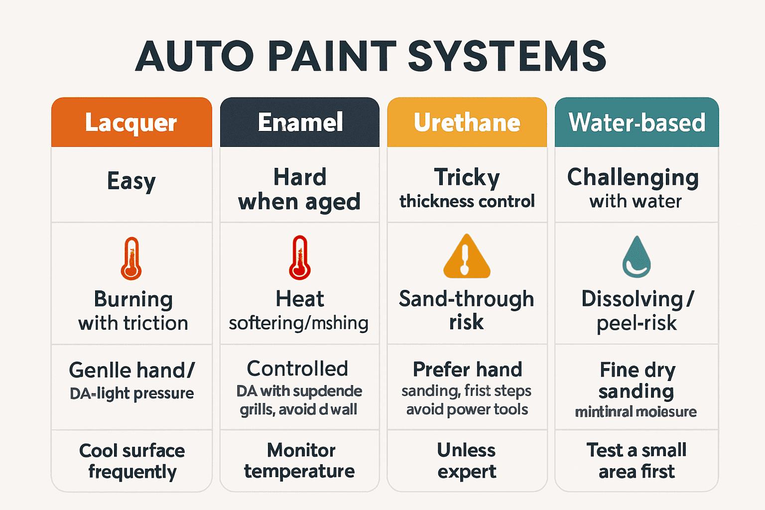 Comparison infographic of lacquer, enamel, urethane, and water-based auto paints with sanding difficulty, risk notes, and recommended methods
