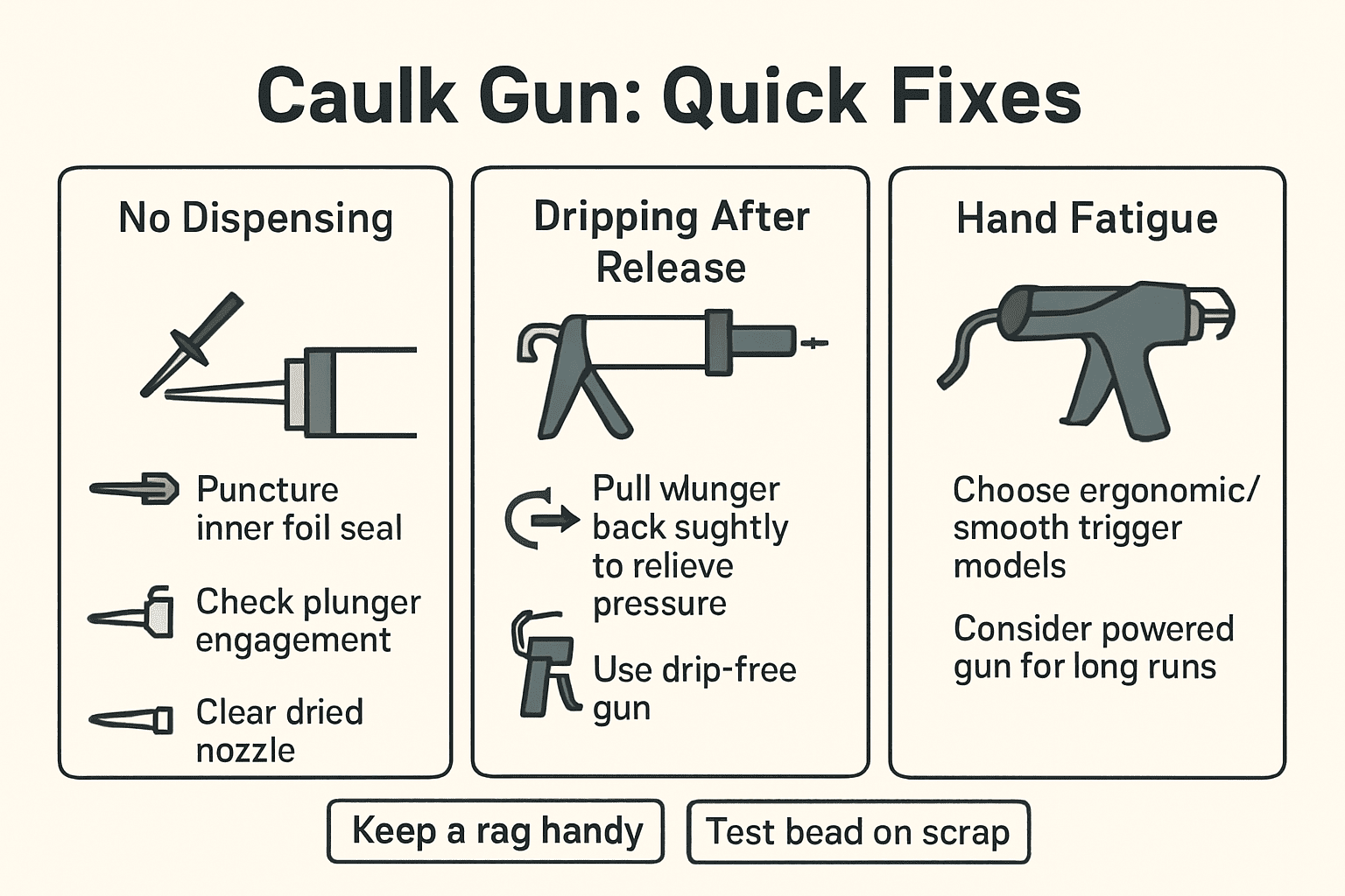 Troubleshooting infographic for caulk guns showing fixes for no dispensing, dripping after release, and hand fatigue
