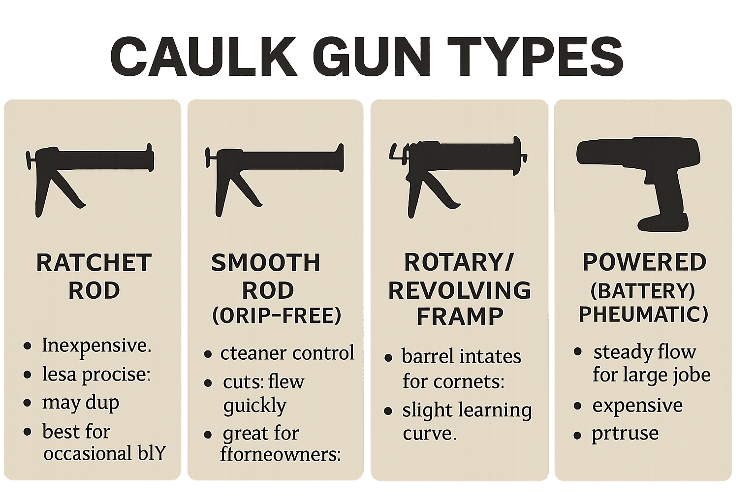 Comparison graphic of ratchet, smooth rod drip-free, rotary frame, and powered caulk guns with pros, cons, and best use