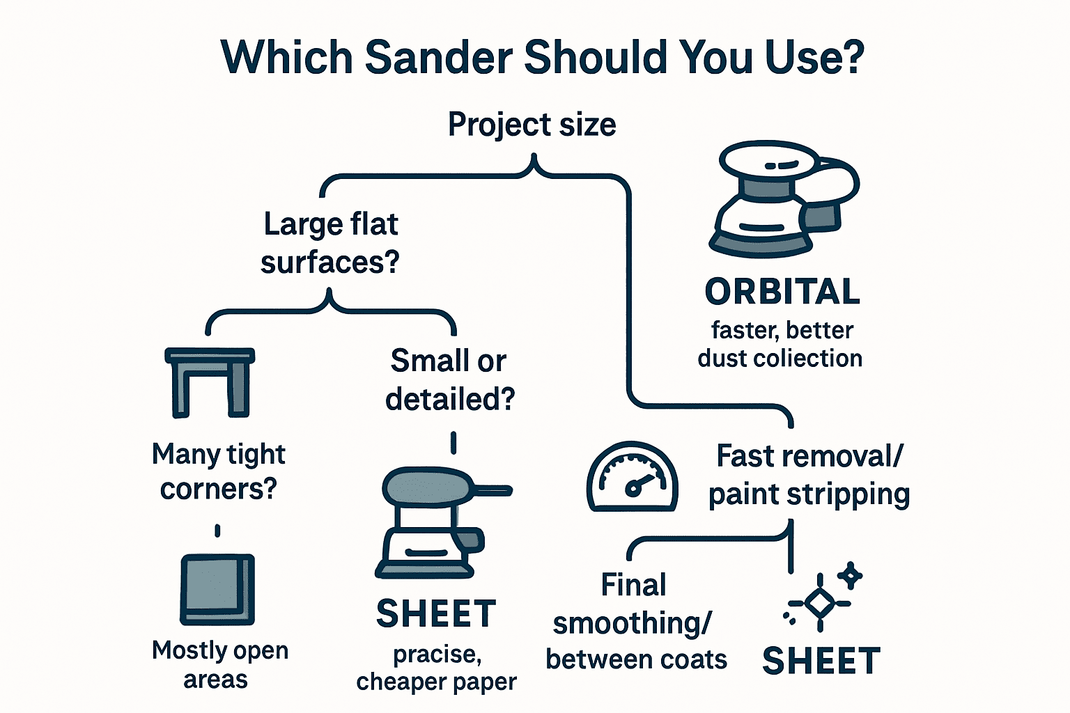 Decision tree for choosing orbital vs sheet sander based on surface size, corners/edges, and finish goals