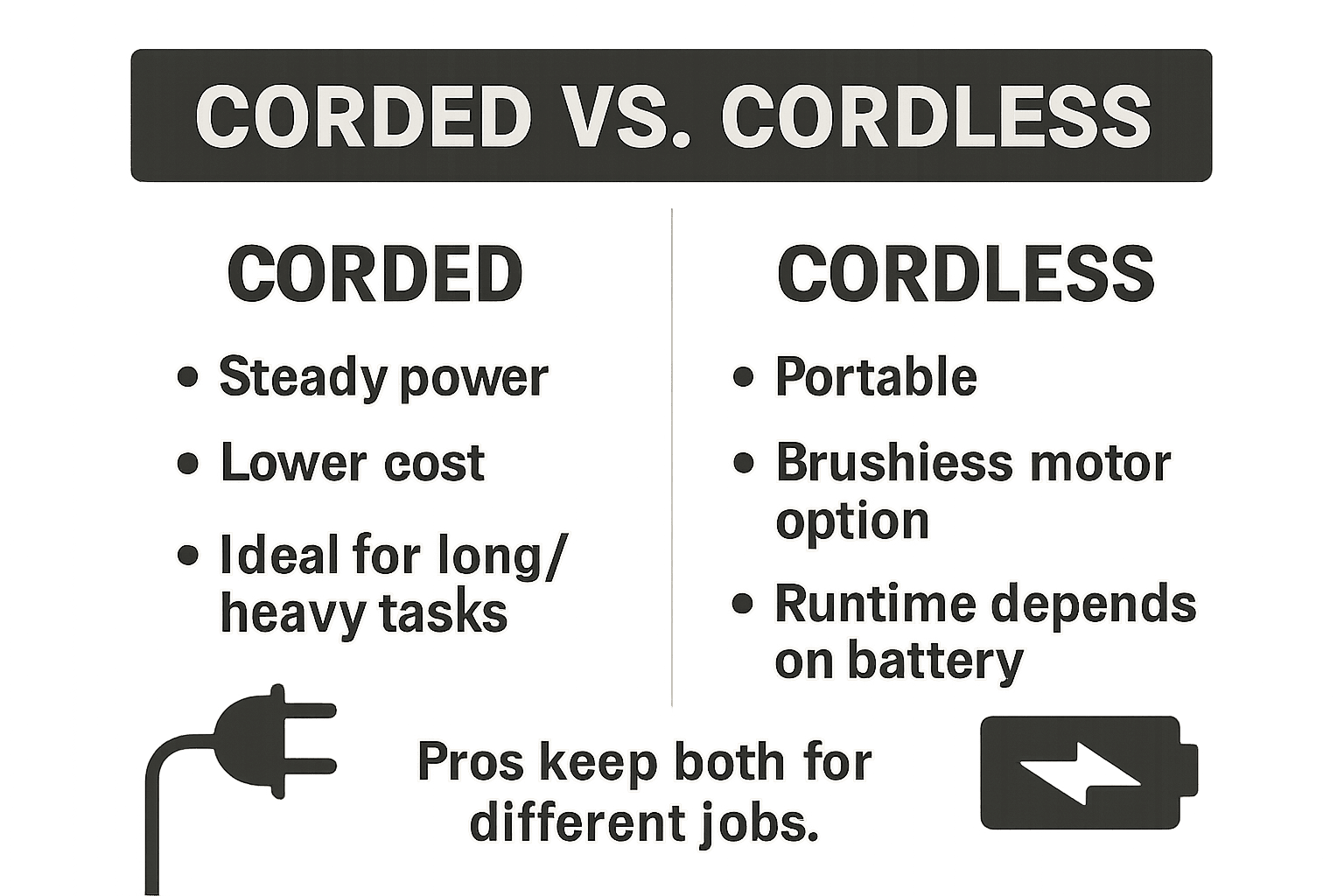 Side-by-side comparison of corded vs cordless angle grinders showing power consistency, mobility, cost, runtime, and brushless motors