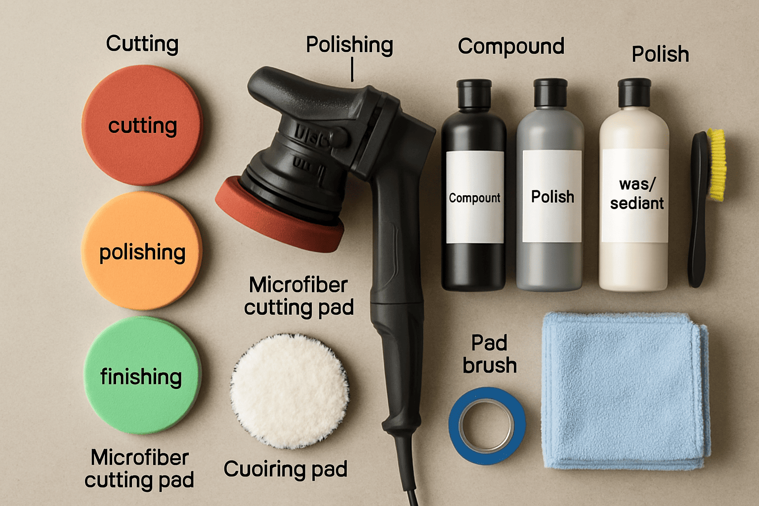 Dual-action polisher with foam and microfiber pads labeled cutting, polishing, finishing, plus compound, polish, wax