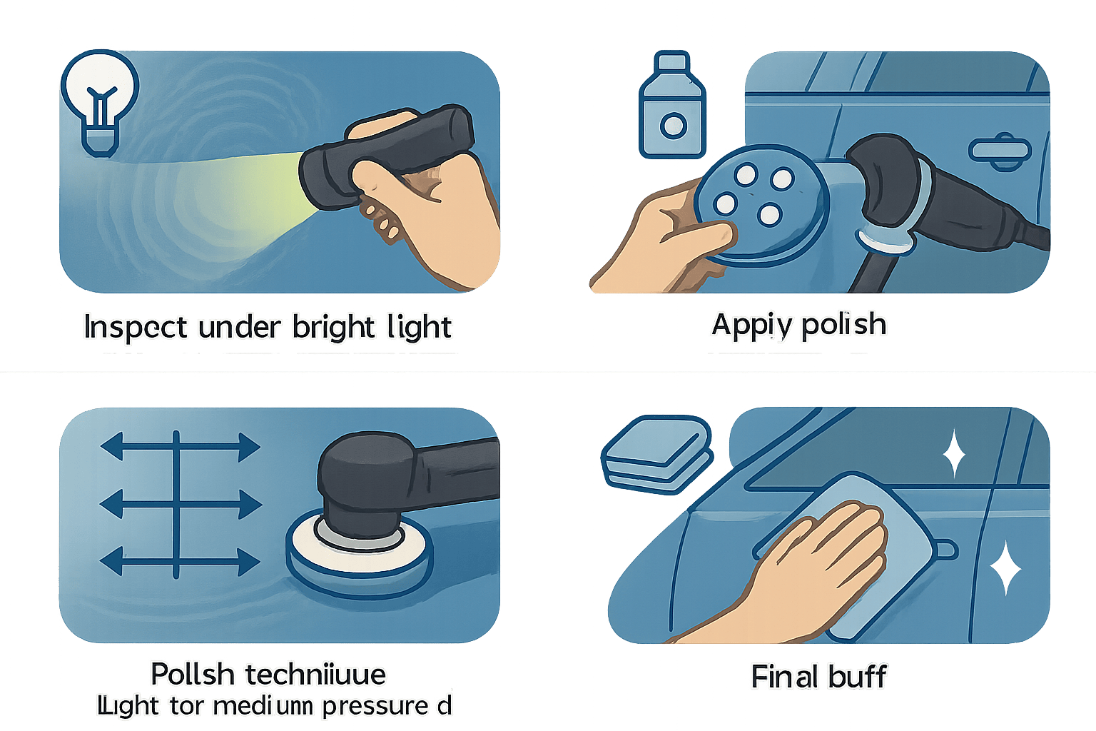 Four-step car polishing flow showing inspect, apply polish, cross-hatch polishing, and final buff with microfiber
