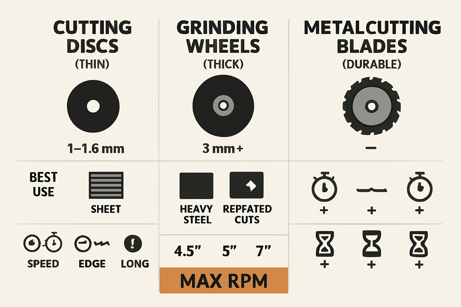 Infographic comparing cutting discs, grinding wheels, and metal-cutting blades with thickness and use cases