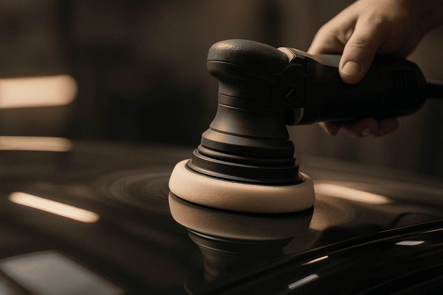 Yumuşak ışık altında araç panelindeki parlak yüzeyi geri kazandıran parlatma pedine sahip rastgele yörüngeli zımpara makinesi