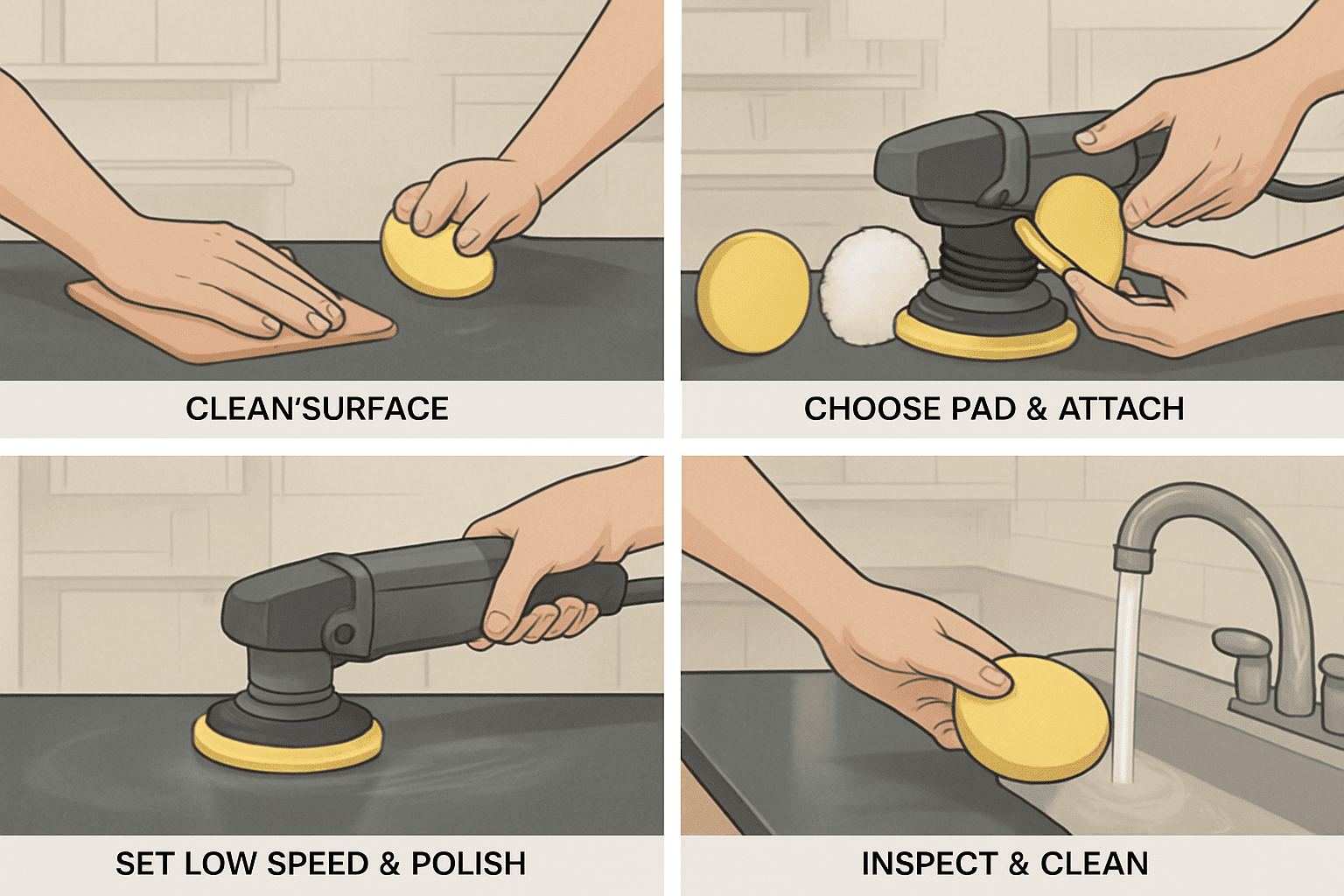 Yüzey hazırlığı, ped seçimi, hız kontrolü, üst üste binen geçişler ve temizliği gösteren adım adım orbital zımpara parlatma sırası