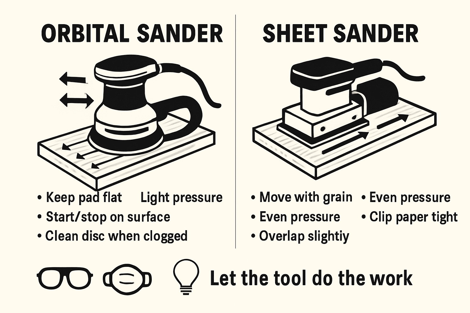 Technique guide showing proper hand position, light pressure, and movement paths for orbital and sheet sanders