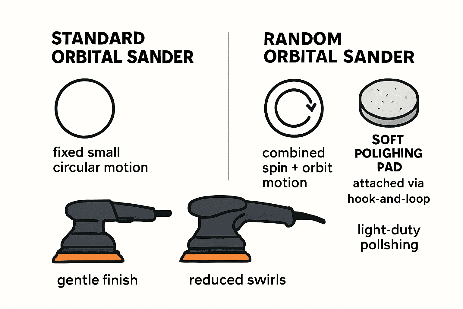 Yörüngesel ve rastgele yörüngesel hareketi karşılaştıran ve bir parlatma pedinin bir zımpara makinesini hafif parlatma için nasıl dönüştürdüğünü gösteren infografik
