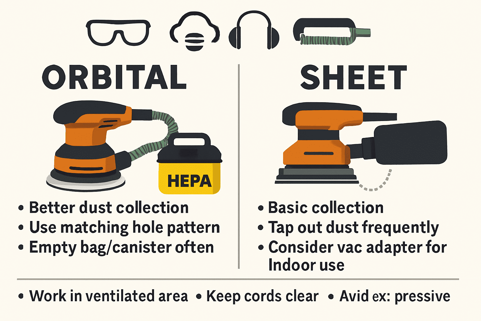 Comparison of dust collection setups for orbital and sheet sanders with PPE and airflow tips