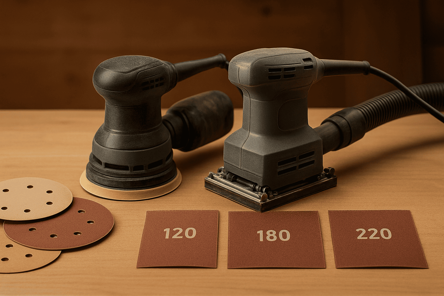 Workbench with orbital sander and sheet sander side by side, sandpaper grits and dust collection setup in a clean shop