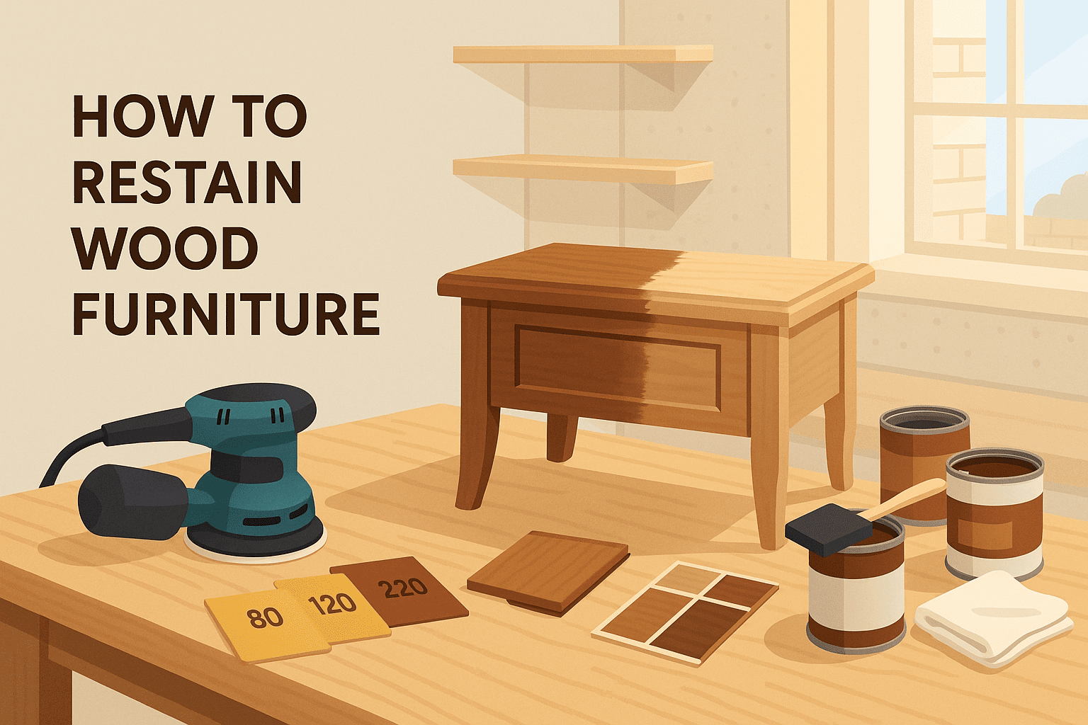 Zımpara, boya kutuları, fırçalar ve renk örneklerinin bir çalışma tezgahında kullanıldığı ahşap mobilya yenileme kurulumunu gösteren kahraman görüntüsü