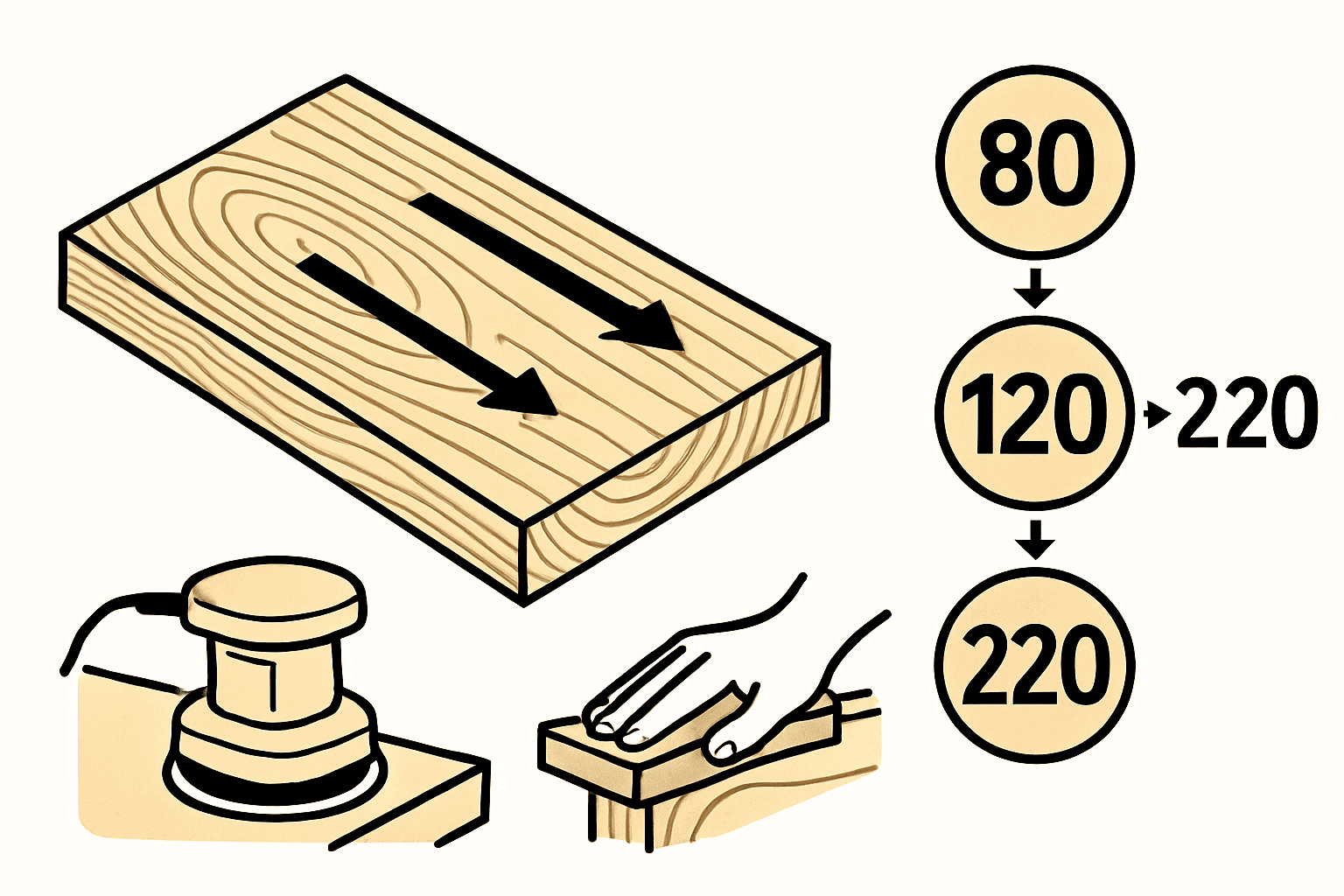 Düz panellerde ve kenarlarda 80/120/220 zımpara gritlerini ve ahşap dokusuna göre zımparalamayı gösteren diyagram
