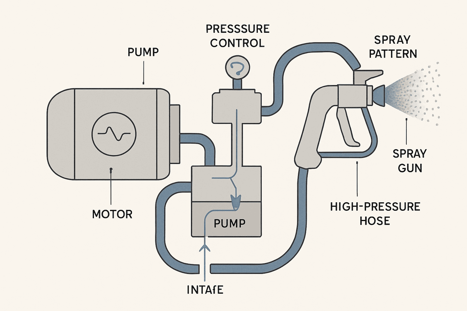 Diagram of airless paint sprayer components showing how paint flows from pump through high-pressure system to atomized spray
