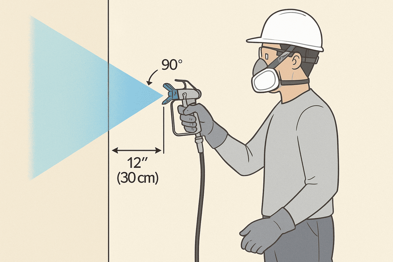 Correct airless paint sprayer technique showing proper 12-inch distance, 90-degree angle and overlapping spray pattern for even coverage