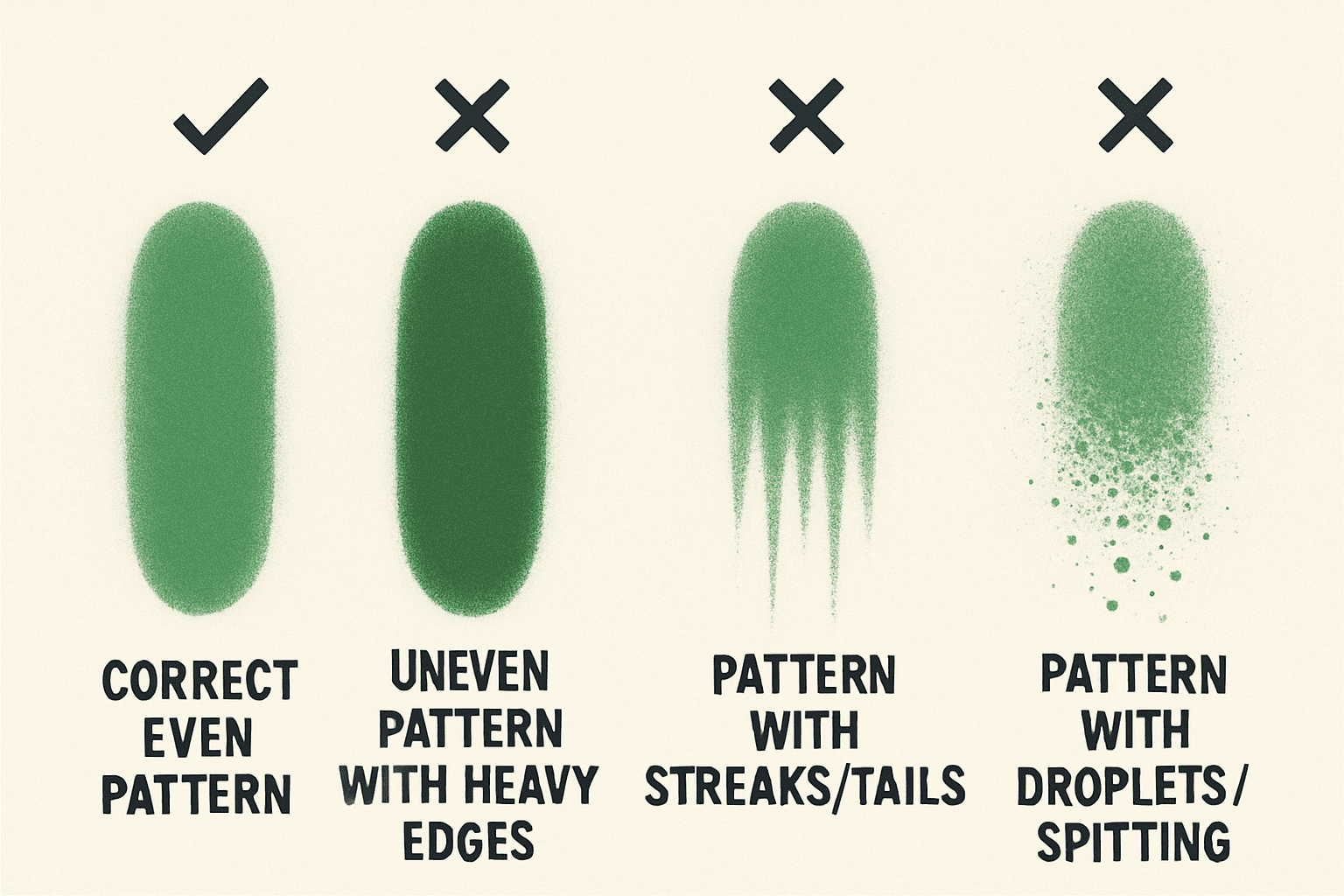 Common airless paint sprayer troubleshooting guide showing correct spray pattern compared to problems like heavy edges, streaking and spitting