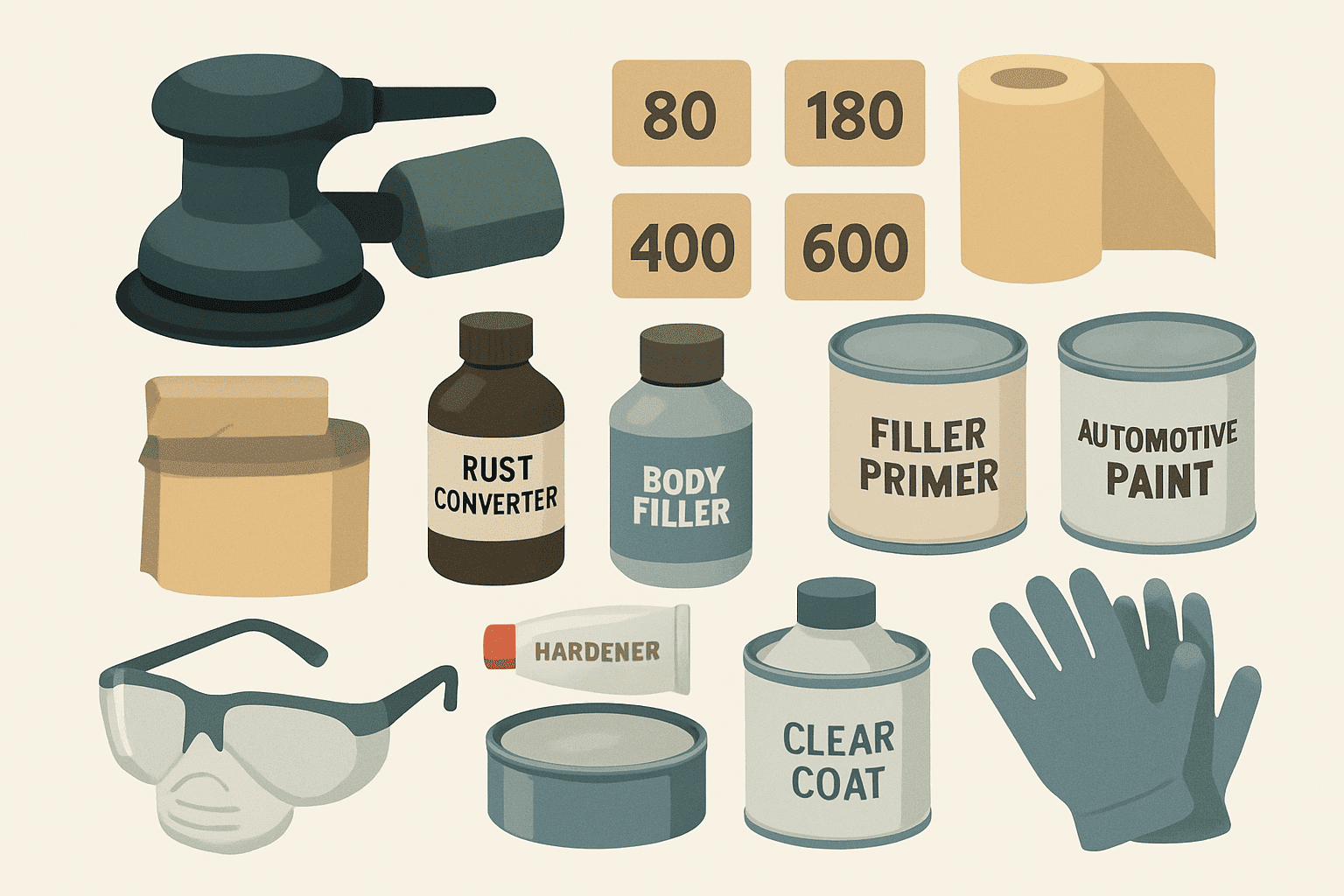 Flat lay of rust repair essentials: orbital sander, sandpaper grits, masking tape, rust converter, body filler, primer, paint, clear coat, safety gear
