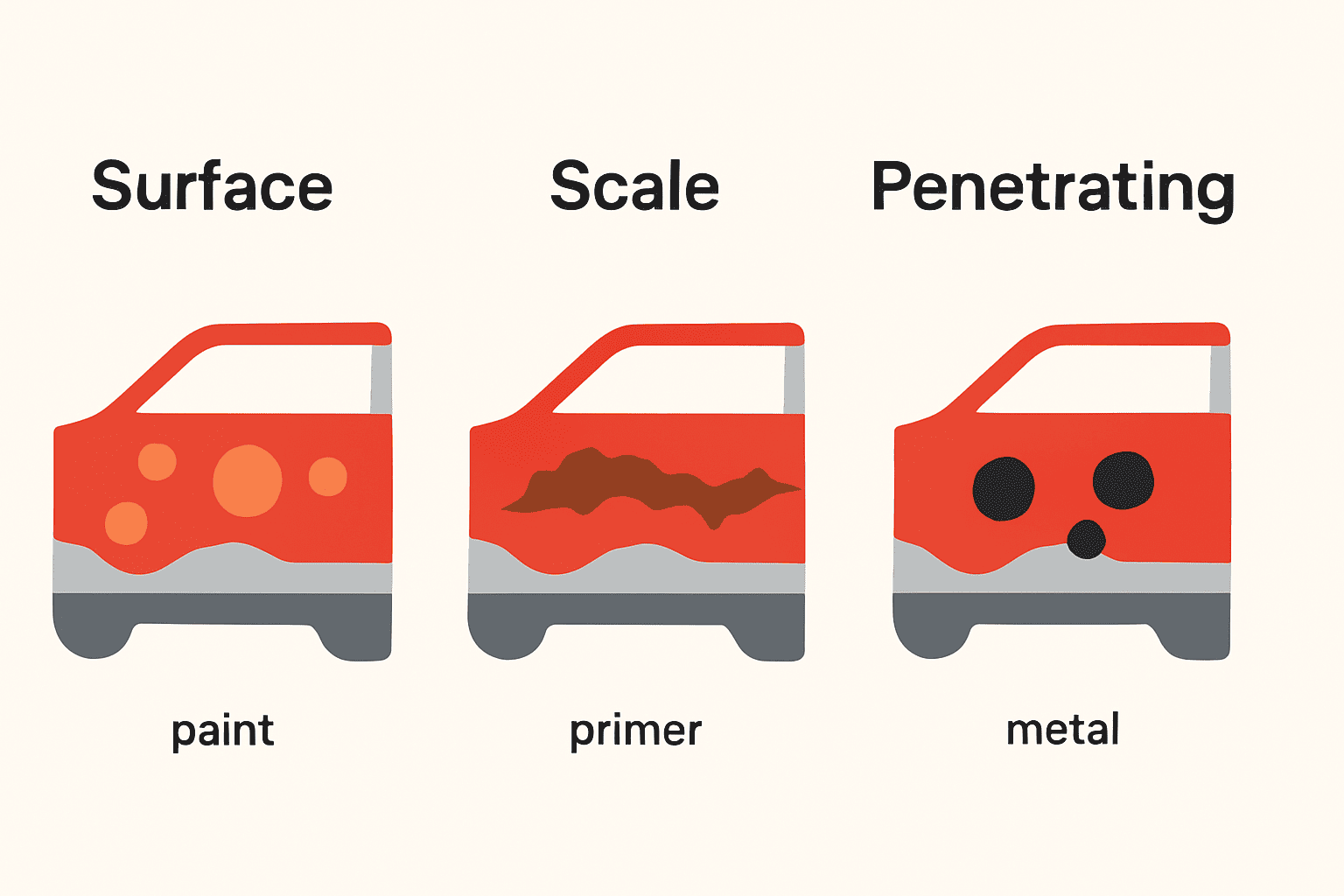 Visual comparison of surface rust, scale rust, and penetrating rust on car body metal layers