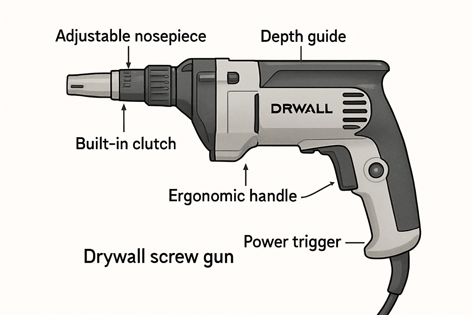 Labeled diagram of drywall screw gun showing adjustable nosepiece, depth guide, built-in clutch and ergonomic design features