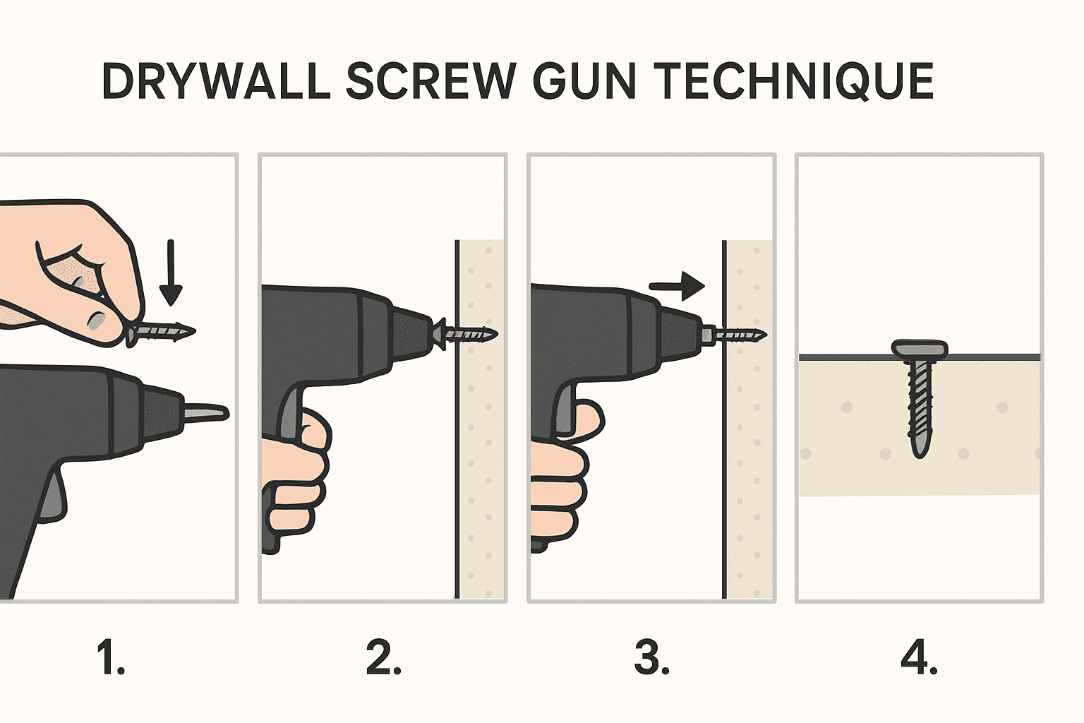 Step-by-step guide showing proper drywall screw gun technique from loading screws to achieving flush installation in gypsum board