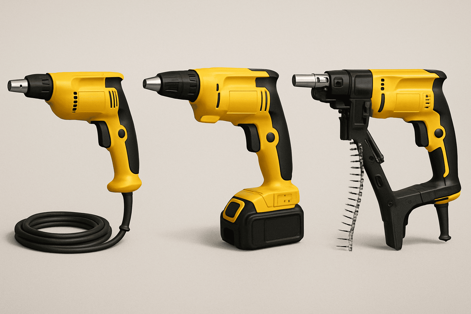 Comparison of three drywall screw gun types: corded, cordless with battery pack, and collated with automatic screw feeding system