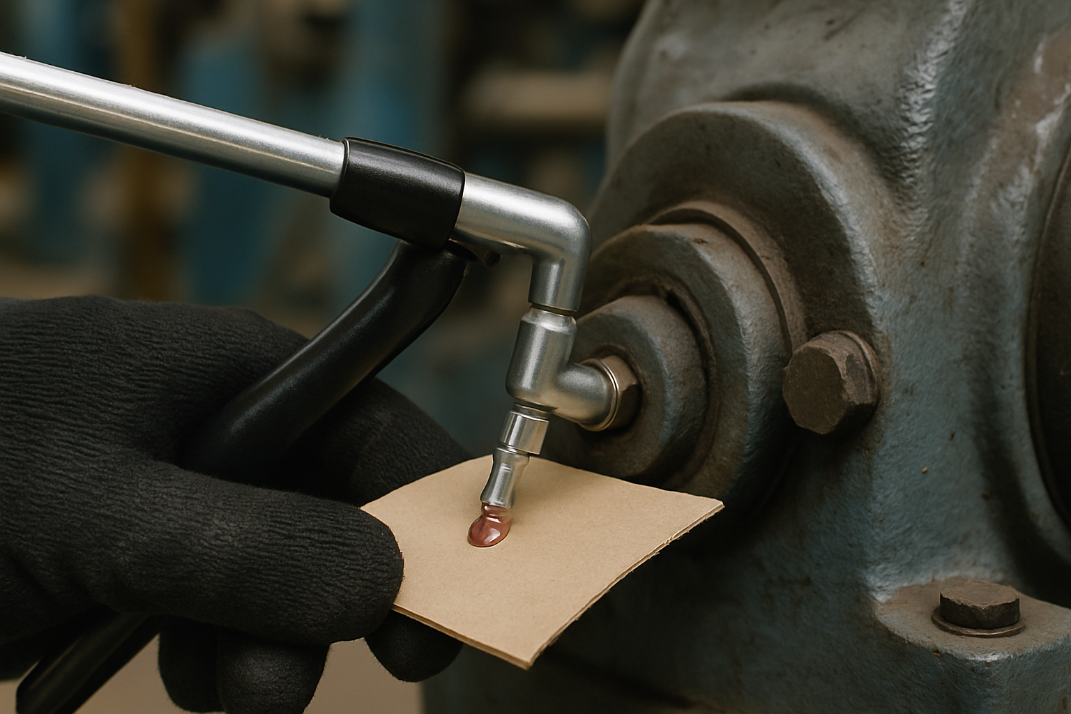 Grease gun coupler locked to a zerk fitting with controlled pumping and leak check using cardboard