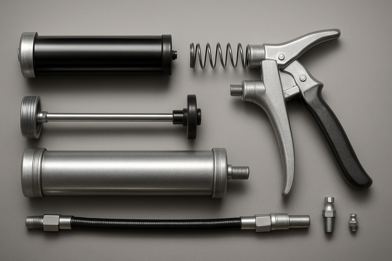 Close-up exploded layout of grease gun components including barrel, plunger, hose, nozzle, and zerk fitting