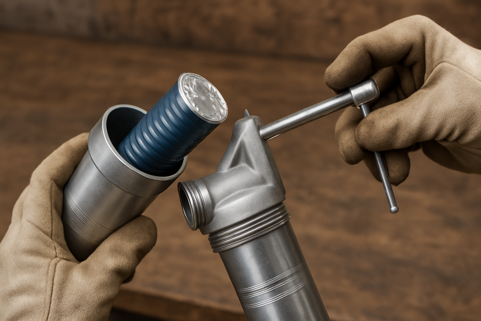 Loading and priming a manual grease gun with plunger locked, cartridge inserted, and air bled