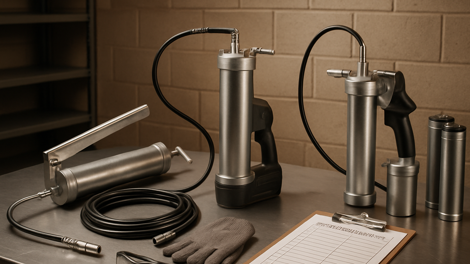 Manual, battery, and pneumatic grease guns on a clean workshop bench with safety gear and cartridges