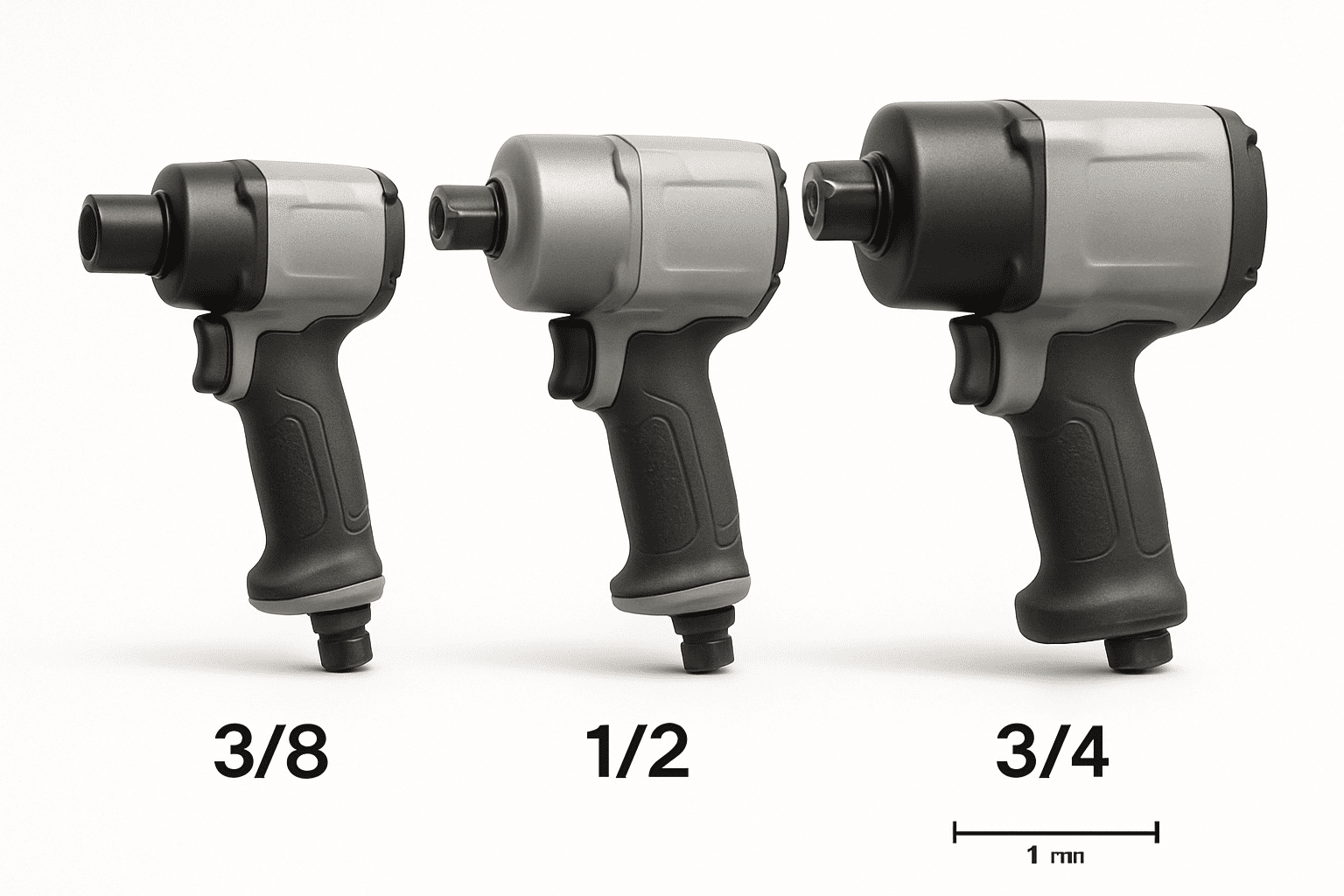Comparison of impact wrench drive sizes showing ⅜-inch, ½-inch, and ¾-inch models with corresponding sockets for different automotive applications