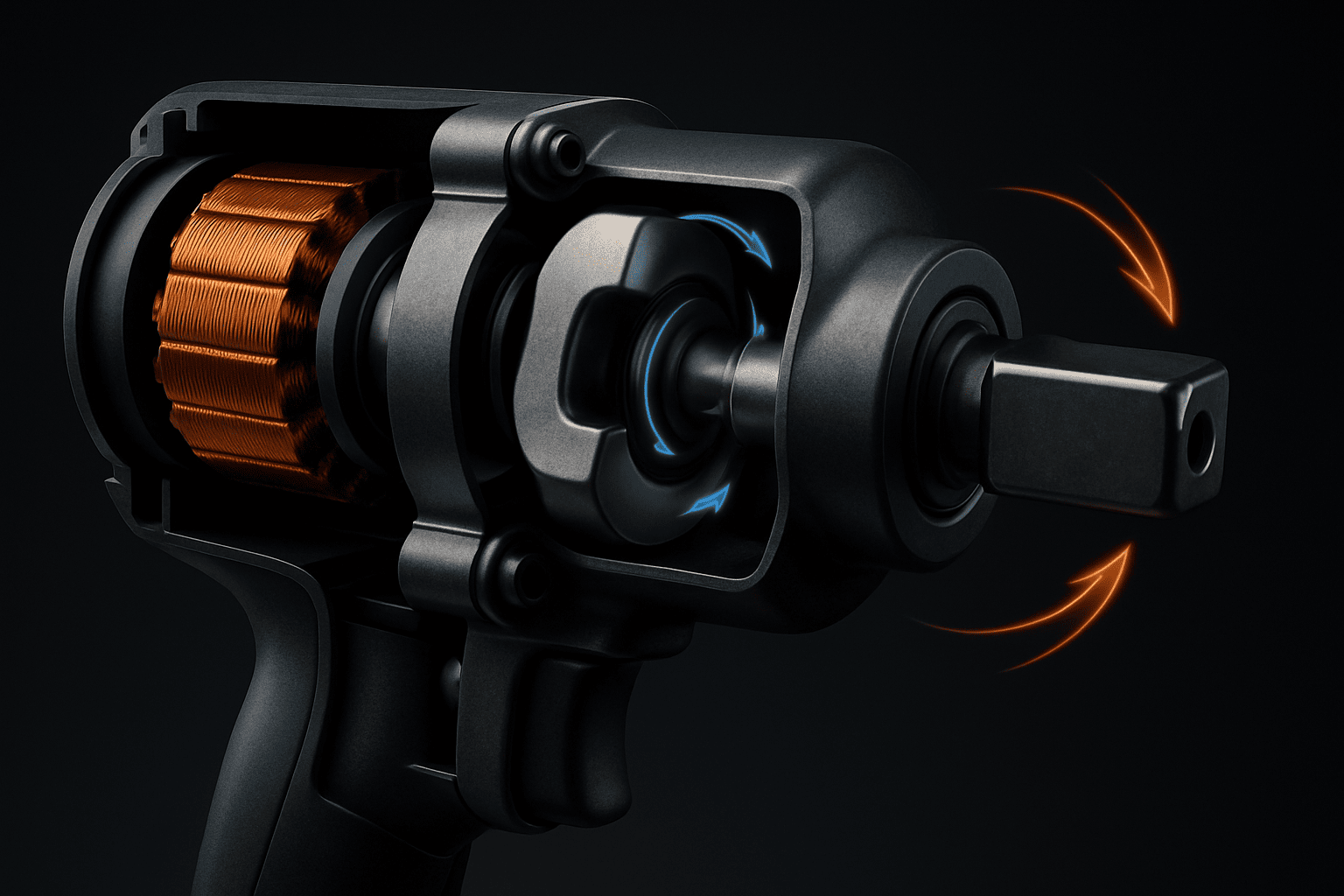 Cutaway view of an impact wrench hammer-and-anvil mechanism driving the square drive