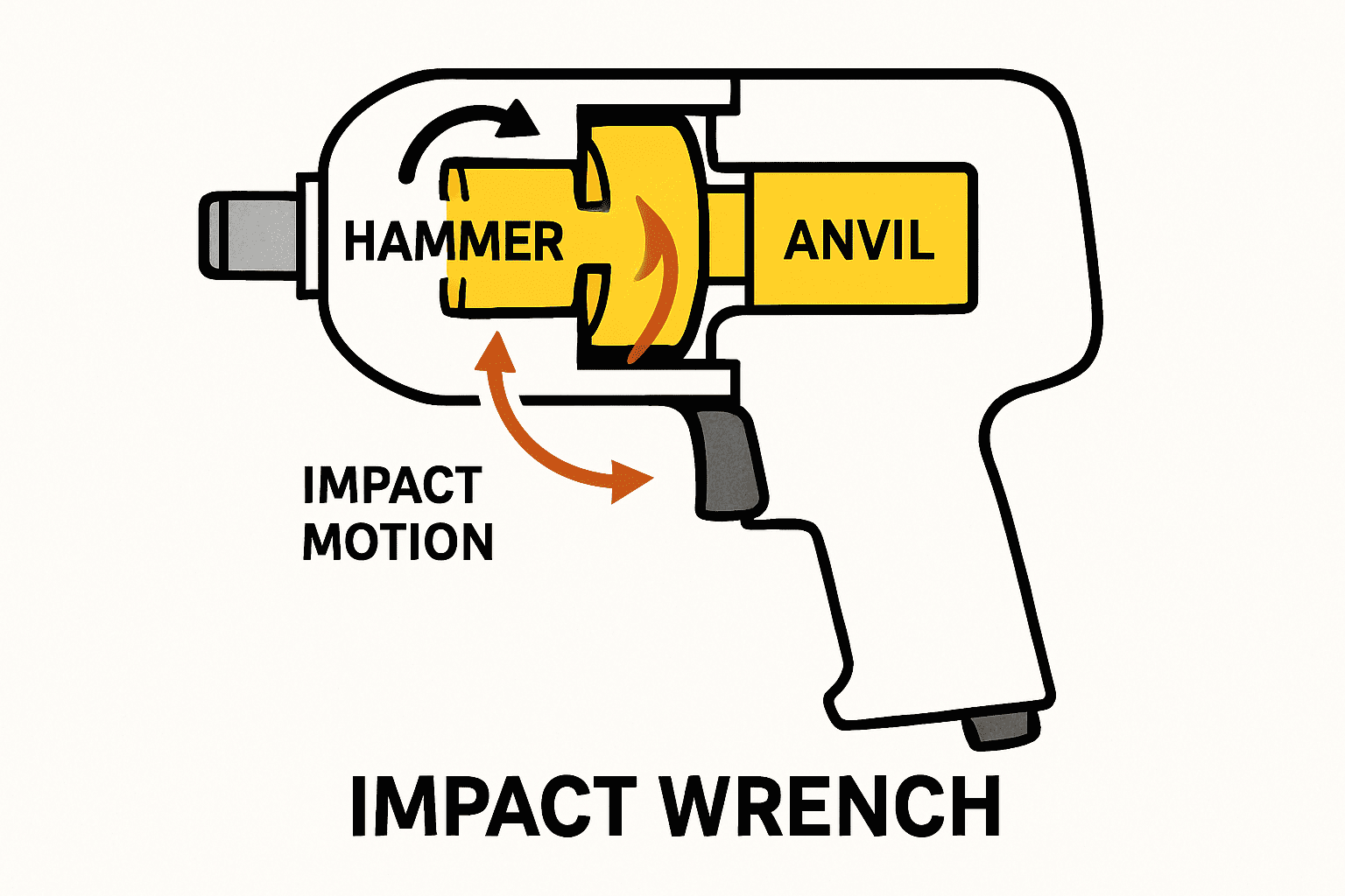 Comparison of three impact wrench types: cordless with battery pack, corded electric with power cable, and pneumatic with air hose connection