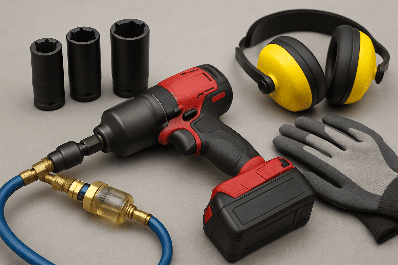 Proper impact wrench setup with impact sockets, power connection, and PPE