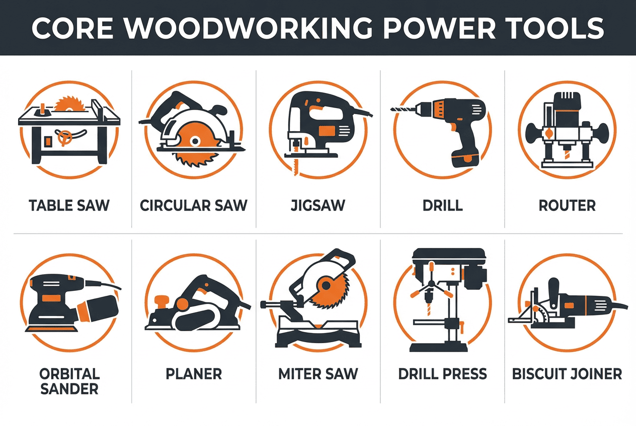Infographic showing 10 essential woodworking power tools including table saw, circular saw, jigsaw, drill, router, sander, planer, miter saw, drill press, and biscuit joiner