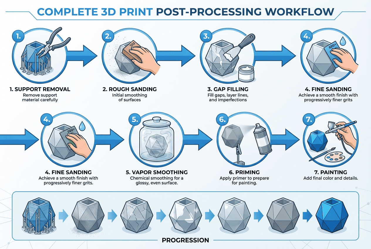 Infographic showing seven steps of 3D print post-processing workflow from support removal to sanding, filling, priming, and painting