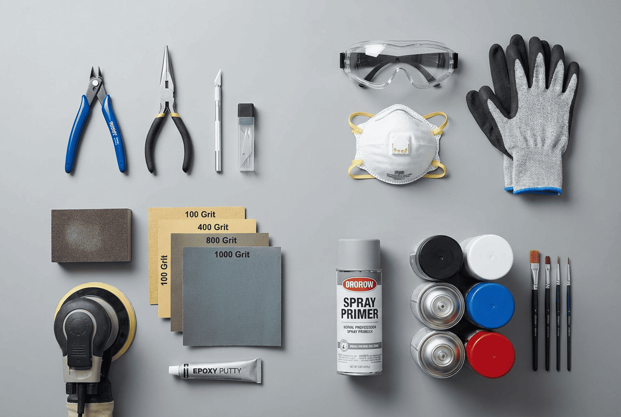 Essential 3D print post-processing tools including flush cutters, sandpaper, primer, spray paint, orbital sander, and safety equipment arranged on workbench