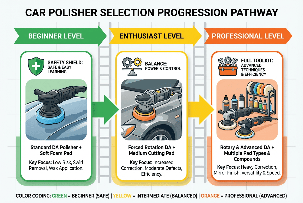 Car polisher selection guide showing progression from beginner DA polisher to professional rotary based on skill level and experience