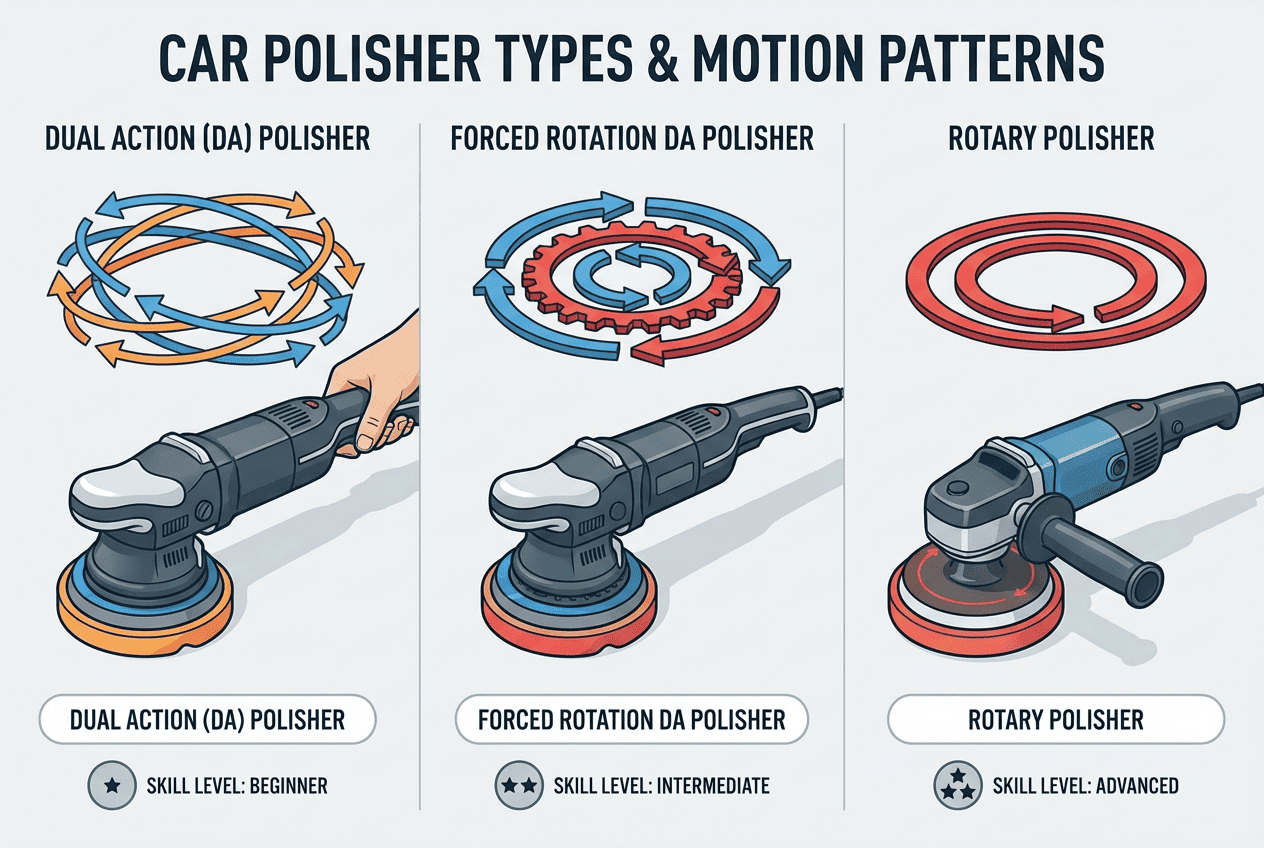 Three types of car polishers compared: dual action random orbital, forced rotation DA, and rotary polisher with motion patterns and skill levels