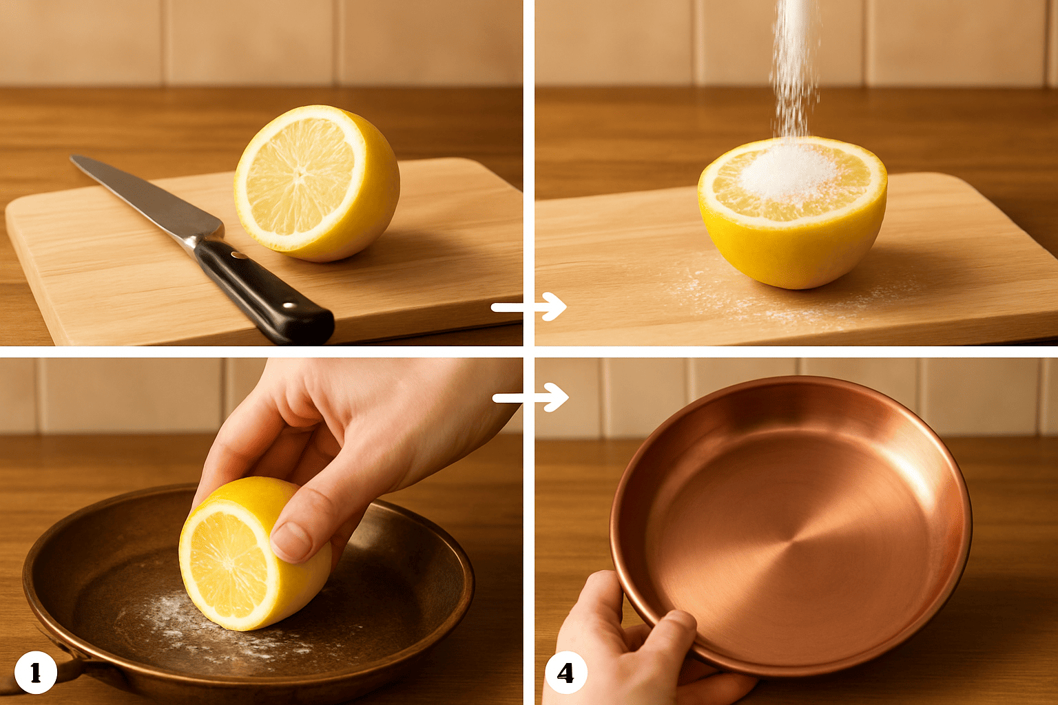 Step-by-step guide showing how to clean copper with lemon and salt method from cutting lemon to polishing tarnished surface