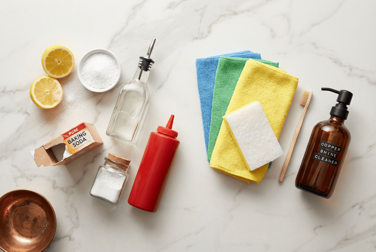 Essential copper cleaning supplies including lemon, salt, vinegar, baking soda, cream of tartar, and microfiber cloths for natural polishing methods